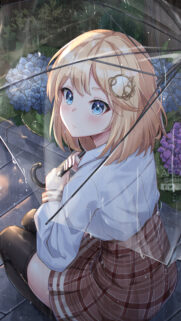 Amelia Watson Anime Girl with Umbrella in the Rain High Resolution Mobile Wallpaper