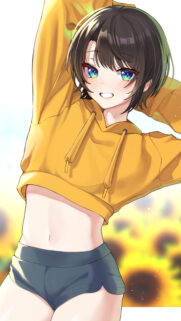 Cute Anime Girl in Yellow Hoodie with Sunflowers Mobile Wallpaper