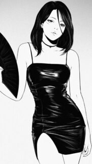 Stunning Black and White Anime Girl in Elegant Latex Dress Mobile Wallpaper