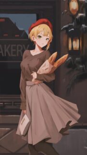 Anime Girl with Beret and Baguette Outside Bakery Mobile Wallpaper