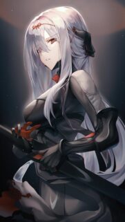 Stunning Anime Warrior Girl with Silver Hair and Black Armor Mobile Wallpaper