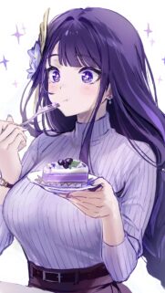 Raiden Shogun Eating Blueberry Cake Anime Girl Aesthetic Wallpaper
