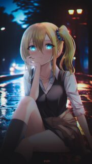 Anime Girl With Glowing Blue Eyes in Night City Street Wallpaper