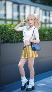 Stunning Blonde Cosplayer in Preppy Schoolgirl Outfit Wallpaper for Mobile