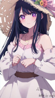 Beautiful Anime Girl with Starry Eyes in Straw Hat Mobile Wallpaper