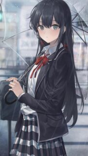 Anime School Girl with Umbrella in the Rain Mobile Wallpaper