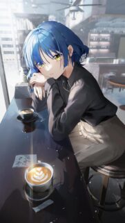 Anime Girl Sitting in Cafe with Blue Hair Latte Art Wallpaper for Mobile