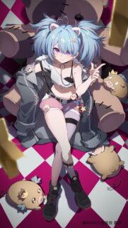 Cute Anime Girl with Blue Pigtails and Plushie Toys Wallpaper for Mobile