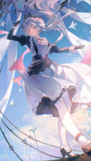 Beautiful Anime Maid Girl With White Ribbons and Birds Under Blue Sky Wallpaper