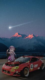 Anime Girl with Red Drift Car and Shooting Star Mountain Landscape Mobile Wallpaper