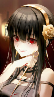 Stunning Yor Forger Anime Girl Wallpaper with Red Eyes and Golden Rose Detail