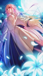 Stunning Anime Girl with Pink Hair and White Dress under Moonlight Wallpaper