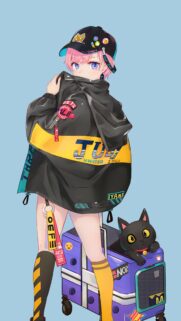 Anime Girl Streetwear Style with Cute Black Cat Aesthetic Wallpaper