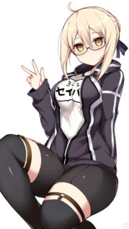 Cute Anime Girl Saber with Glasses Peace Sign Wallpaper for Mobile