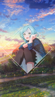 Anime Girl with Blue Hair at Sunset Diamond Frame Wallpaper for Mobile