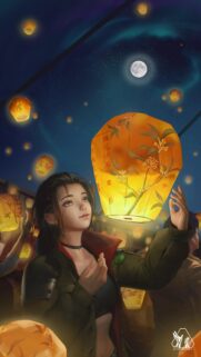 Anime Girl Releasing Glowing Lanterns Under Full Moon Wallpaper