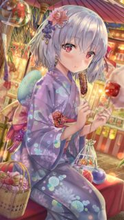 Cute Anime Girl in Purple Yukata at Summer Festival Mobile Wallpaper
