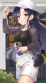 Beautiful Anime Girl with Long Dark Hair and Cap Drinking Bubble Tea Wallpaper