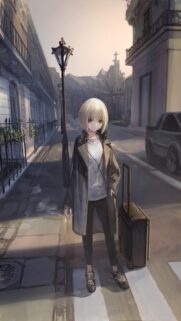 Anime Girl With Suitcase on City Street Aesthetic Mobile Wallpaper
