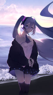 Anime Girl with Twin Tails by the Ocean Sunset Mobile Wallpaper
