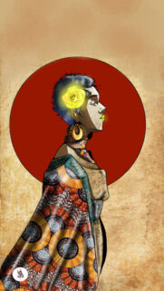 Stunning African Queen Illustration with Floral Accents and Traditional Patterns Mobile Wallpaper