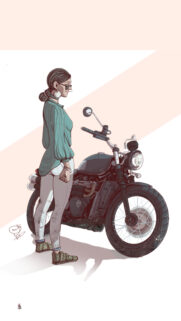 Stylish Woman Standing Beside Classic Motorcycle Digital Illustration Wallpaper