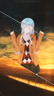 Cute Anime Girl with Blue Hair in Autumn Outfit Sunset Wallpaper