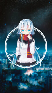 Anime Girl with Blue Hair and Red Scarf Against Night Cityscape Wallpaper