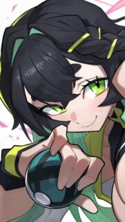 Anime Girl with Green Eyes and Pokeball Wallpaper for Mobile