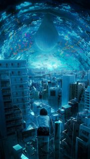 Surreal Anime Cityscape with Giant Sky Whale Mobile Wallpaper