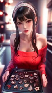 Beautiful Yor Forger Holding Christmas Cookies Anime Wallpaper for Mobile
