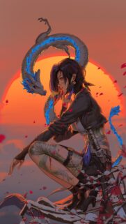 Anime Girl with Mythical Blue Dragon Sunset Wallpaper for Mobile
