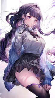 Beautiful Anime Girl with Long Purple Hair in School Uniform Wallpaper for Mobile