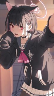 Anime Cat Girl with Halo and School Uniform Mobile Wallpaper