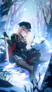 Anime Girl Commander with White Wolf in Snowy Forest Wallpaper