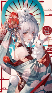 Anime Girl with White Bunnies Traditional Floral Kimono Mobile Wallpaper