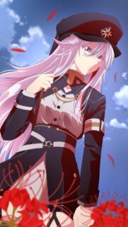 Beautiful Anime Girl in Military Uniform with Pink Hair and Red Spider Lilies Wallpaper