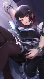 Gothic Anime Maid Girl with Red Eyes and Short Hair Aesthetic Wallpaper