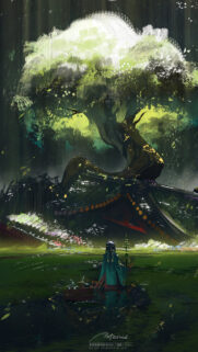 Enchanting Anime Girl and Ancient Glowing Spirit Tree Wallpaper