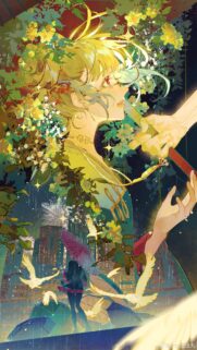Stunning Anime Girl with Floral Accents and Urban Night City View Mobile Wallpaper