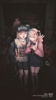 Dark Anime Aesthetic Wallpaper featuring Two Girls and a Shadowy Figure