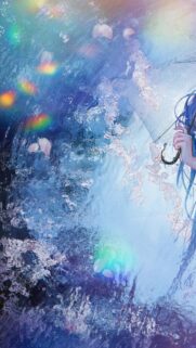 Dreamy Anime Girl with Umbrella and Rainbow Bokeh Aesthetic Mobile Wallpaper
