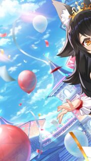 Cute Anime Cat Girl with Crown and Celebration Balloons Phone Wallpaper