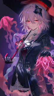 Anime Girl with Red Eyes and Glowing Pink Floral Magic Wallpaper