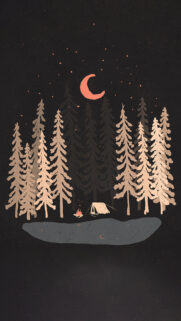 Minimalist Night Camping Under Crescent Moon Forest Wallpaper for Mobile