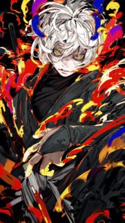 Fiery Anime Samurai Warrior with White Hair Mobile Wallpaper