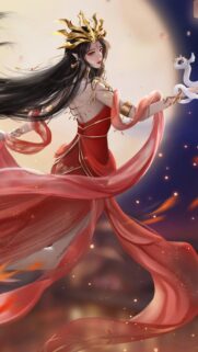 Elegant Fantasy Goddess in Red Traditional Dress with Magic Snake Wallpaper