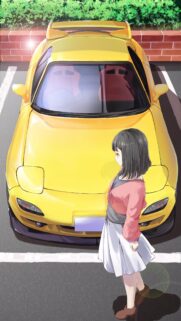 Anime Girl Standing Next to Yellow Sports Car Wallpaper for Mobile