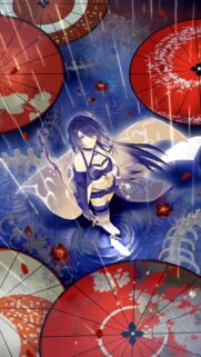 Acheron Honkai Star Rail Anime Girl Wallpaper with Traditional Umbrellas and Rain