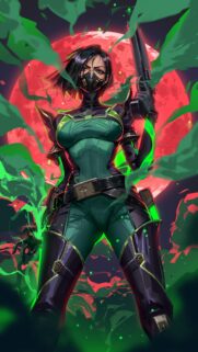 Viper Valorant Cyberpunk Assassin Wallpaper with Glowing Green Effects and Red Moon